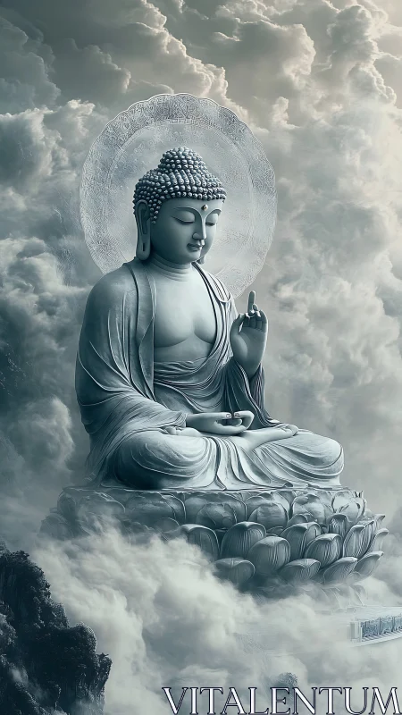 Serene stone Buddha enthroned on lotus above storm clouds.