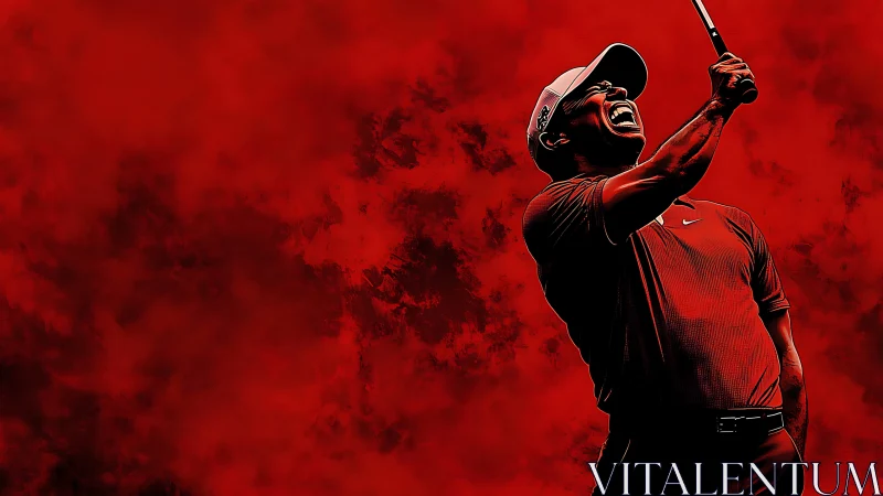 Dynamic golfing figure on red textured digital painting backdrop.