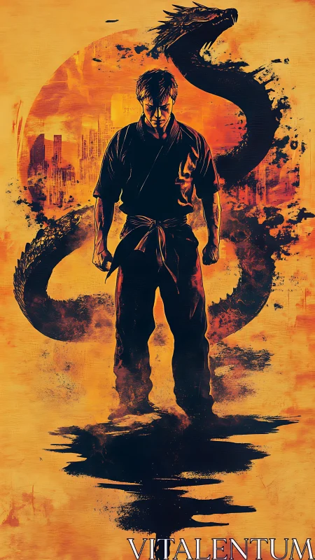 Martial lone warrior crowned by a coiling fire-dragon halo.