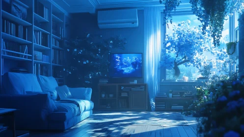 Blue hour living room with lush indoor foliage and TV glow