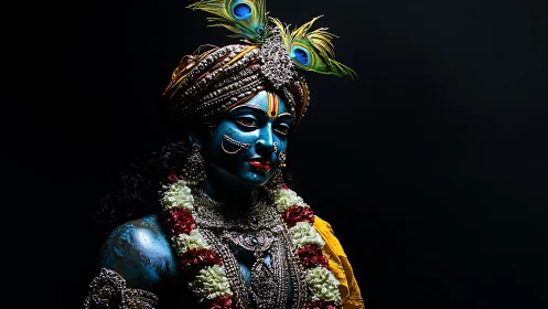 Blue Hindu deity statue with ornate jewelry and garlands.