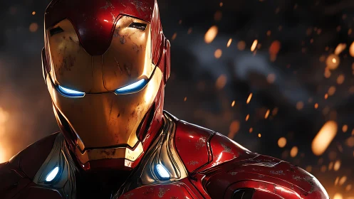 Battle-worn red armored hero amid drifting sparks at dusk.