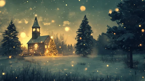 Snowy rural chapel glows with warm Christmas tree lights
