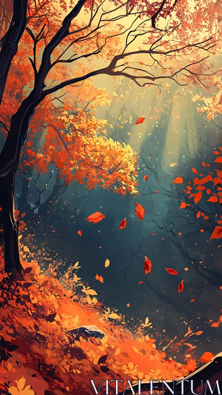 Autumn tree with falling leaves against misty background