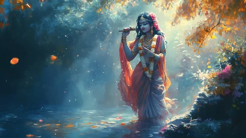 Figure in ornate robes plays flute while walking through water