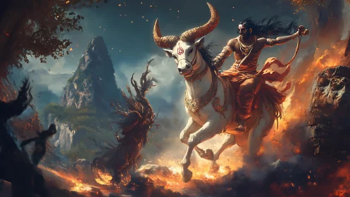 Mythic warrior on horned steed crossing volcanic firestorm.