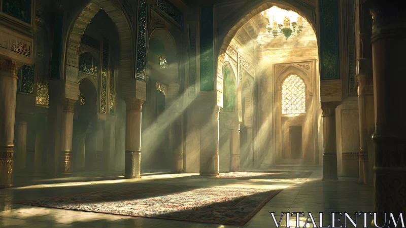 Sunlit interior of vaulted Islamic hall with patterned carpets