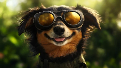 Dog wearing reflective goggles outdoors in soft daylight.