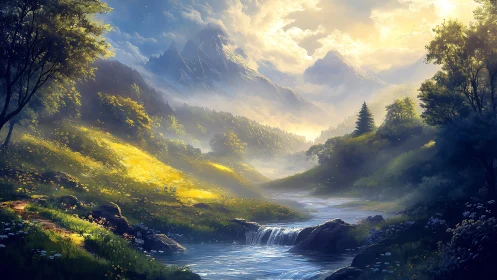 Sunlit alpine river valley under luminous mountain skies.