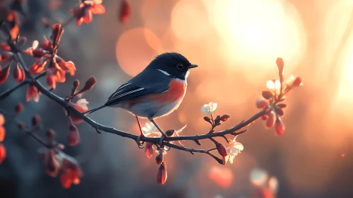 Songbird on Blossoming Branch at Sunset in Soft Focus Style.