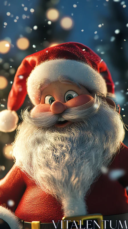 Snow-dusted Santa grins under storybook winter lights