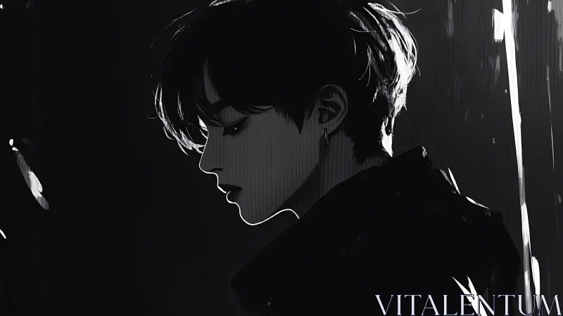 Monochrome side profile of pensive young figure in shadow.