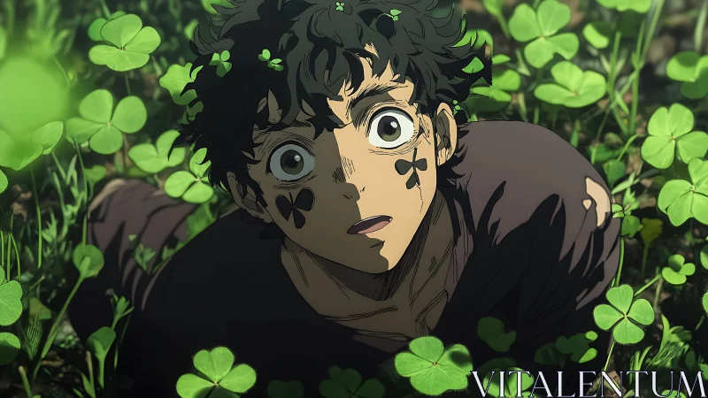 Anime boy with clover face marks stares upward in dense field
