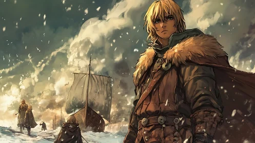 Snow-covered shoreline shows cloaked figures near a docked ship