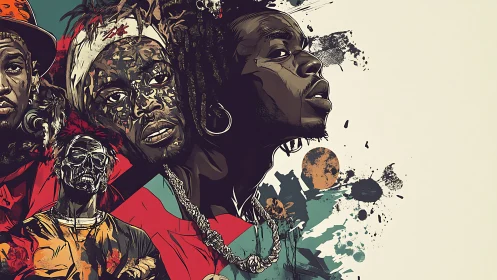 Bold hip‑hop portraits splashed with gritty street color.