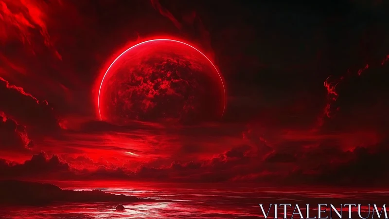 Crimson exoplanet eclipse above radiative tidal shoreline.