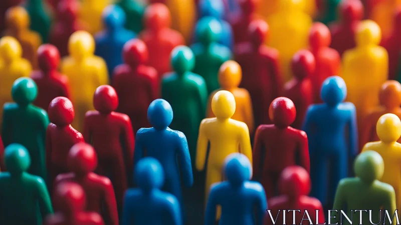 Colorful crowd of tiny toy people marching into soft focus.