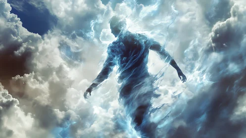 Volumetric energy humanoid dissolving into turbulent storm clouds