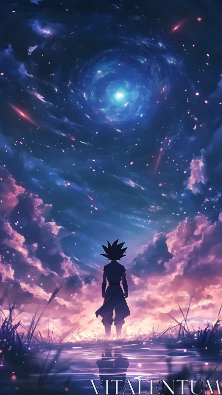 Solitary anime silhouette observing cosmic vortex sky