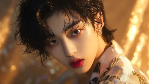 Golden hour gaze on velvet skin and jewel bright lips.