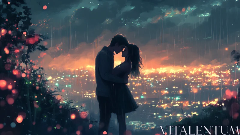 Cyberpunk Urban Romance: Silhouetted Couple Overlooking Neon Cityscape Rain.