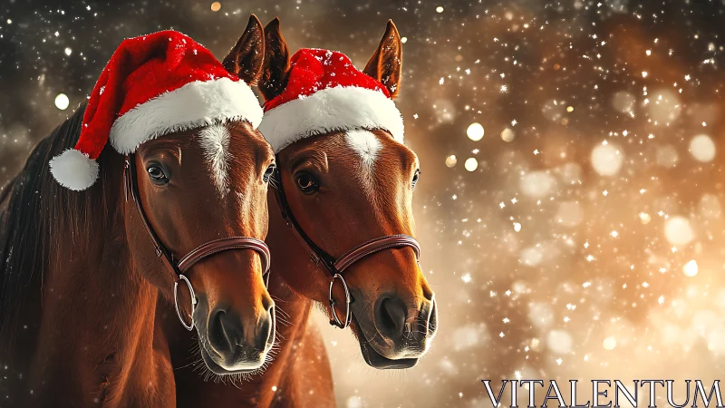 Pair of brown horses in Santa hats in snowy setting.