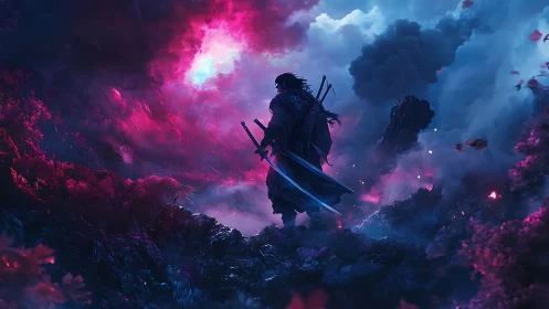 Lone swordsman in glowing magenta and blue storm clouds.
