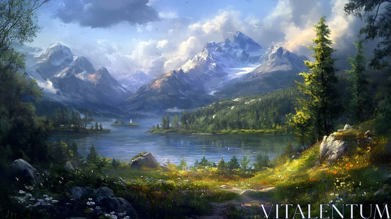 Digital landscape depicts alpine lake with distant snowy peaks