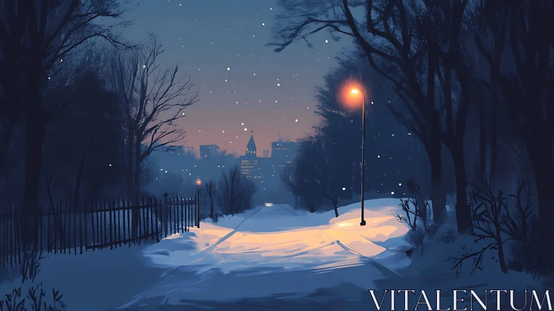 Snowy city path glows under lone winter streetlight.