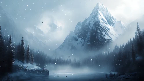 Glacial mountain massif rises through atmospheric winter haze