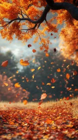 Cinematic autumn canopy with swirling leaffall perspective.