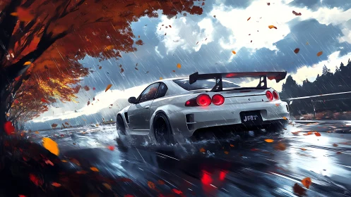 Digital painting of white tuner car on wet autumn mountain road.