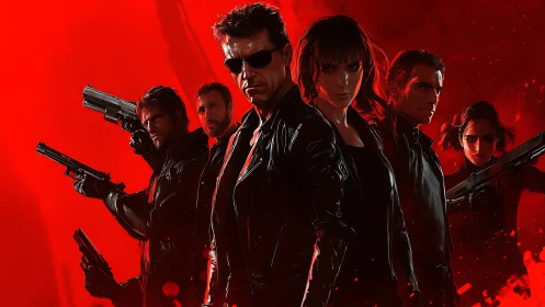 Armed leather-clad team stands against intense red backdrop