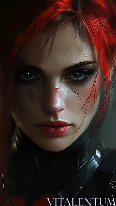 Scarred red haired warrior portrait in close digital focus.