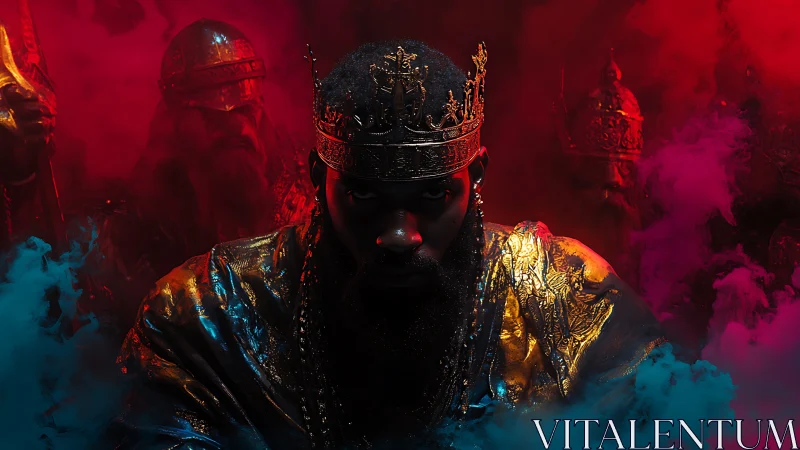 Crowned ruler in gold armor framed by red and blue smoke