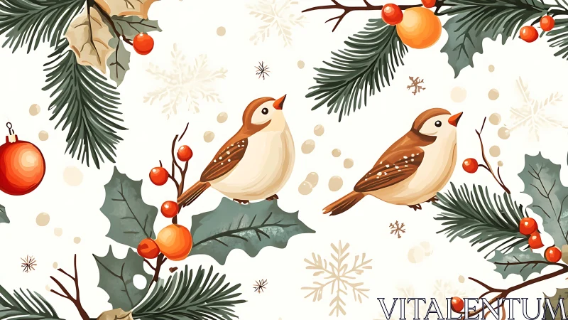Festive sparrows rest among winter greenery and ornaments.