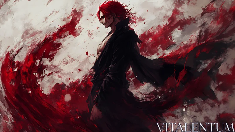 Crimson-haired warrior amid swirling red spectral storms.