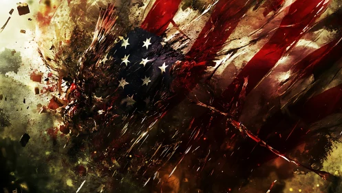 Shattered American flag explodes through molten abstract chaos