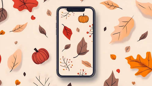Smartphone with autumn leaf and pumpkin illustration pattern.