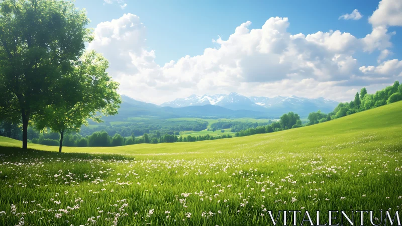 Gentle green meadow opening toward distant snowy peaks.