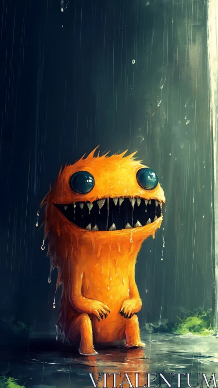 Orange creature with large teeth sitting in rainfall scene.