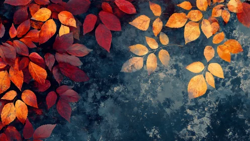 Autumn leaves arranged on textured blue mottled surface.