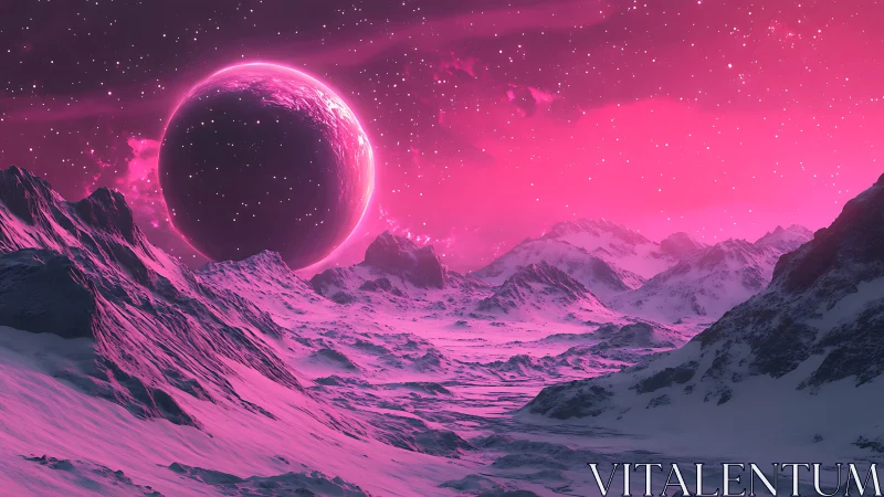 Neon pink alien landscape with icy mountains and planet.