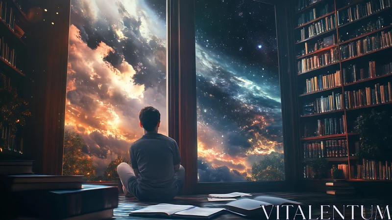 Person in library watching expansive cosmic night sky.