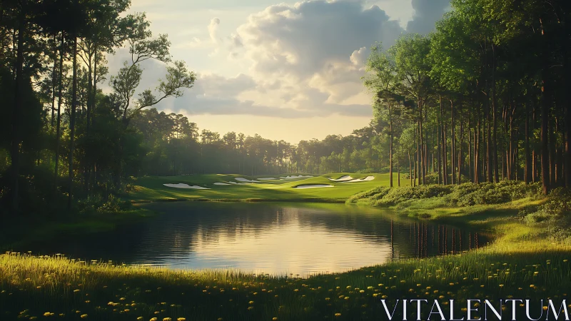 Lakeside golf course under soft evening forest light.