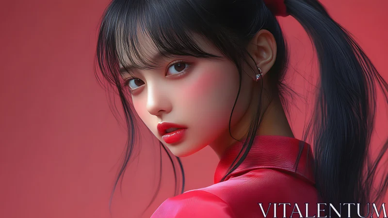 Digital portrait of woman in red with soft bokeh lighting.