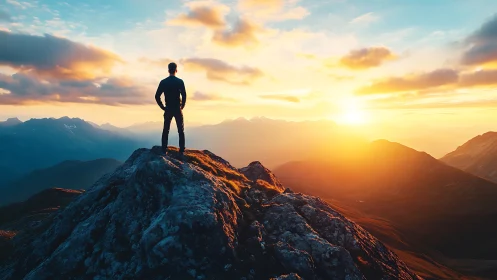 Backlit hiker stands on jagged ridge, observing layered sunset ranges