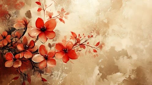 Digital floral branch in warm abstract wash composition.