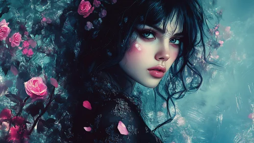 Chromatic portrait of teal-shadowed woman in rose bloom field.