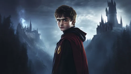 Young wizard stands before misty twin gothic castles.
